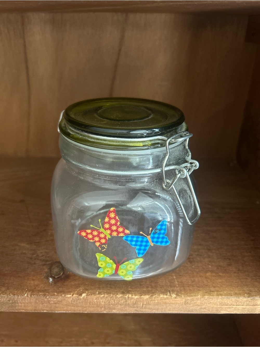 Glass Storage Jar with Butterfly Decals and Olive Green Lid